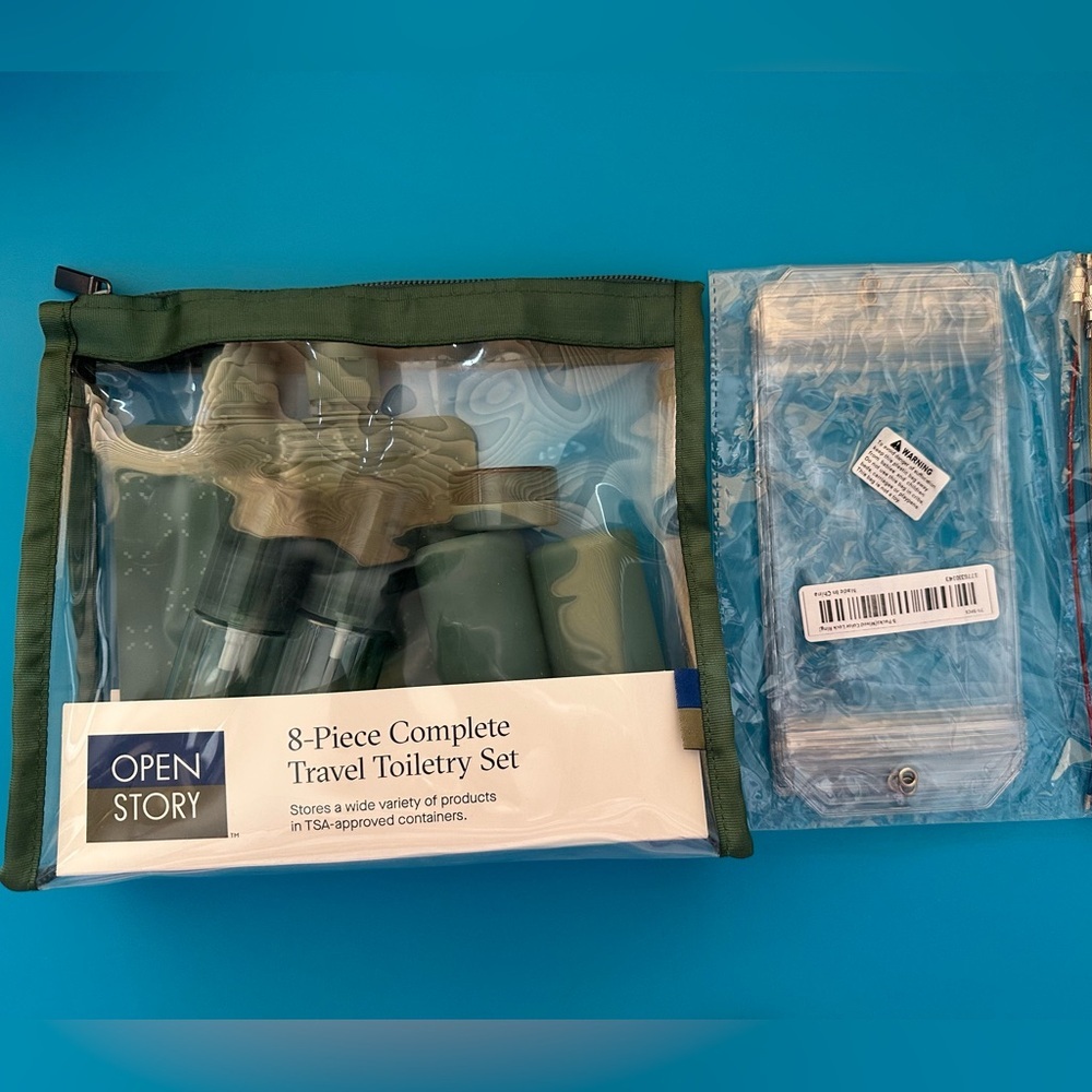Open Story 8-Piece Travel Toiletry Set And Clear Luggage Tags